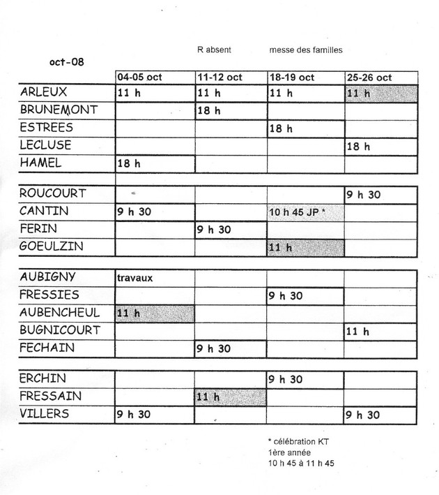 Horaire messes Octobre